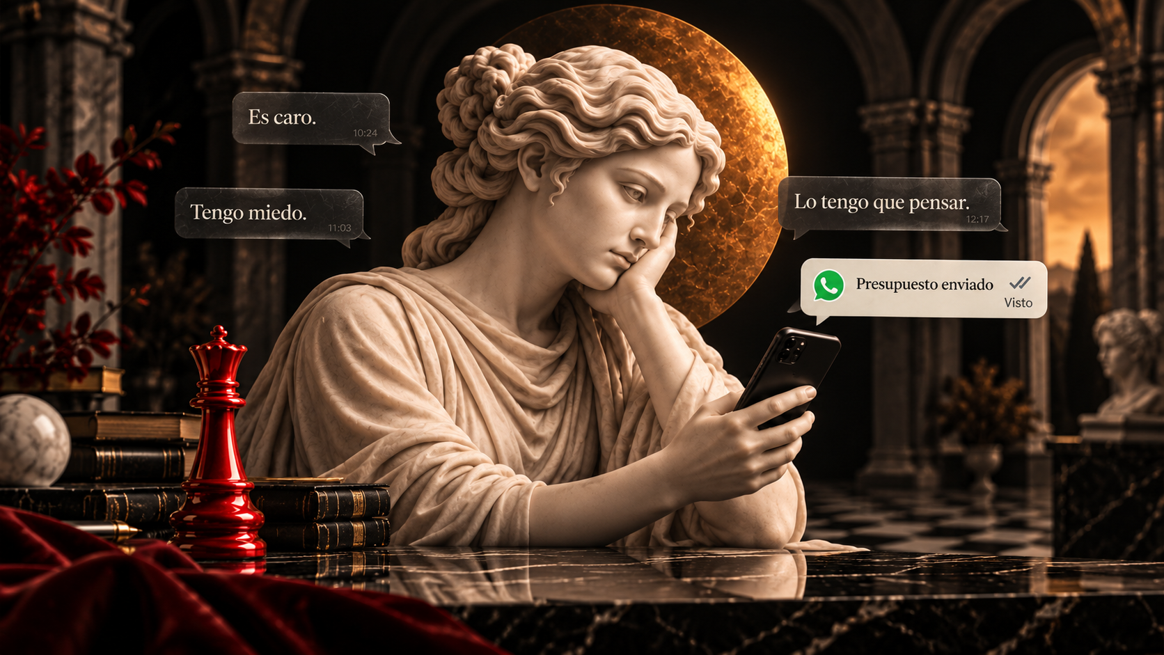 Escultura mirando un teléfono, rodeada de objeciones y un presupuesto enviado con el logo de WhatsApp